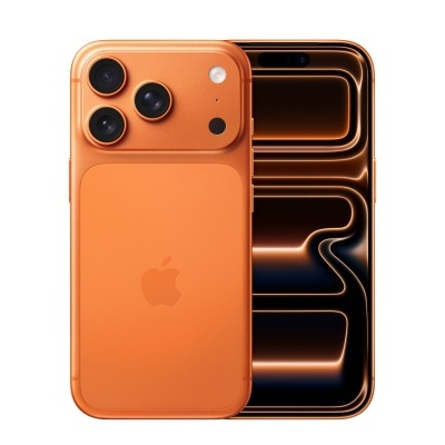 Telemóvel Apple iPhone laranja com três câmaras traseiras e ecrã frontal ligado
