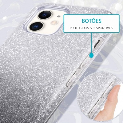 Capa de smartphone prateada com glitter e botão protegido