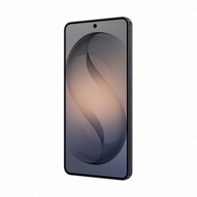 Smartphone preto com ecrã a mostrar fundo abstrato cinzento e bege