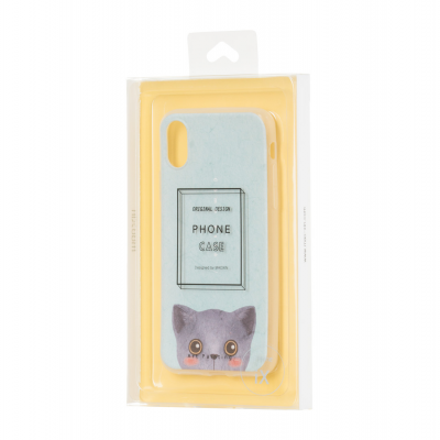 Capa para telemóvel azul claro com desenho de gato cinzento e embalagem em blister amarelo