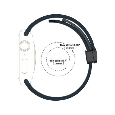 Relógio inteligente com bracelete preta ajustável e indicações de medidas para pulsos.