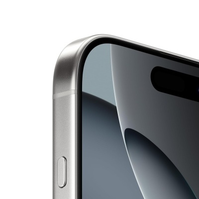 Detalhe de smartphone prateado com ecrã preto e botão lateral