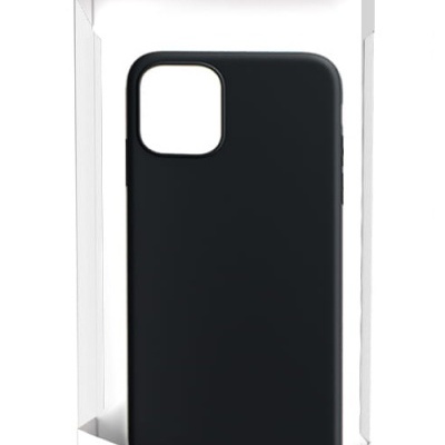 Capa preta para smartphone em embalagem branca com texto e selos