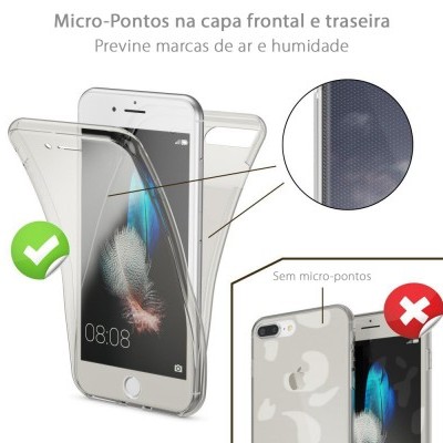 Capa transparente para smartphone com micro-pontos para prevenir marcas de ar e humidade.