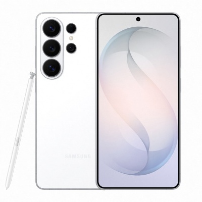 Smartphone branco Samsung com quatro câmaras traseiras e caneta stylus