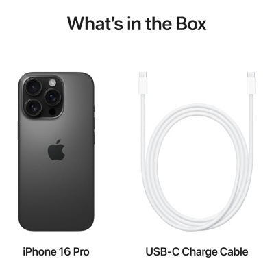 iPhone 16 Pro preto e cabo USB-C branco sob texto