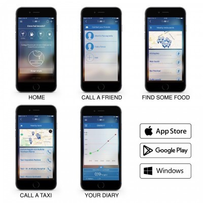 Cinco ecrãs de telemóvel com interface de aplicação móvel e logos da App Store, Google Play e Windows