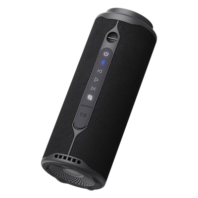 Coluna portátil preta cylindrical com botões iluminados e textura em rede