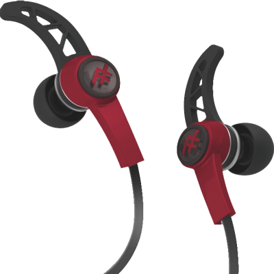 Auriculares intra-auriculares vermelhos e pretos com suporte e cabo