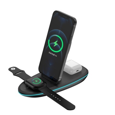 Base de carregamento sem fios com smartphone, relógio inteligente e estojo para auscultadores.