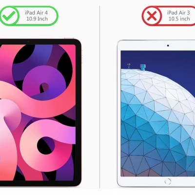 Dois tablets lado a lado, iPad Air 4 preto à esquerda e iPad Air 3 branco à direita, com texto comparativo acima.