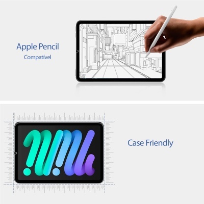 Tablet preto com Apple Pencil branca a desenhar e texto 'Apple Pencil Compatível' e 'Case Friendly'.