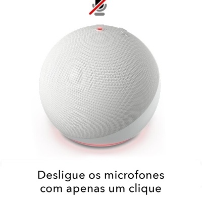 Dispositivo esférico branco com textura de tecido e texto em português