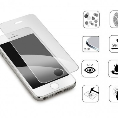 Protector ecrã de vidro temperado para telemóvel branco com ícones das suas características