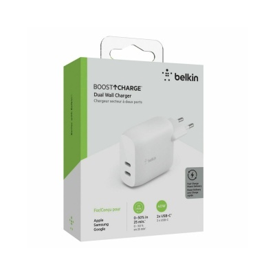 Carregador de parede Belkin BOOST CHARGE branco com duas portas USB-C