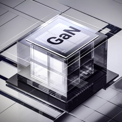 Bloco transparente com inscrição GaN em ambiente monocromático