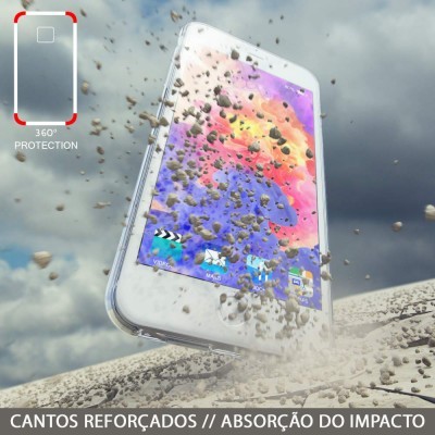 Capa protetora transparente para smartphone em cenário de impacto com texto 360º PROTECTION e cantos reforçados.