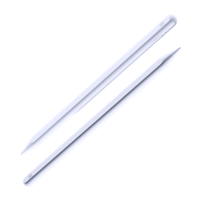 Duas canetas digitais brancas, uma vista de lado com botão e a outra mostrando a ponta cónica.