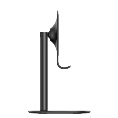 Monitor preto com suporte e base vistos de perfil.