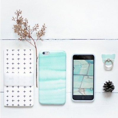 Artigos organizados: agenda, ramo seco, capa de telemóvel verde, telemóvel, anel de telemóvel verde gato, cone pinheiro