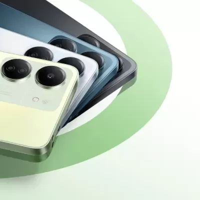 Cinco smartphones coloridos com câmaras duplas, sobre superfície branca com círculo verde