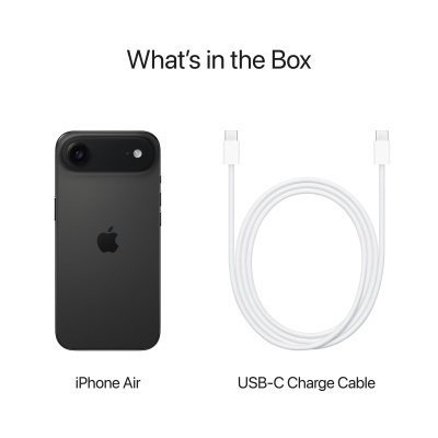 iPhone Air preto e cabo USB-C branco sobre fundo branco com texto explicativo