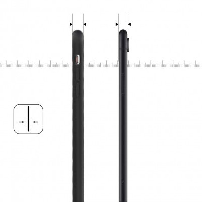 Duas vistas laterais de capa fina preta para smartphone com régua para medir espessura