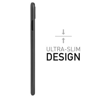 Telemóvel preto ultra fino visto de lado com texto ULTRA-SLIM DESIGN