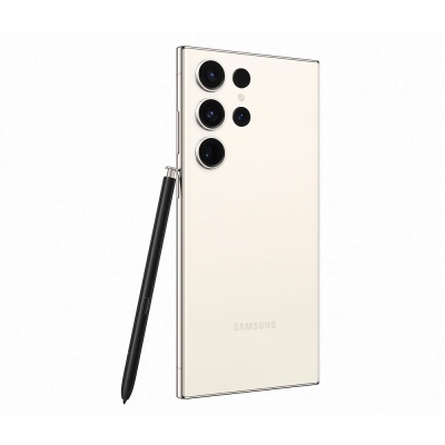 Smartphone Samsung creme com quatro câmaras e caneta preta