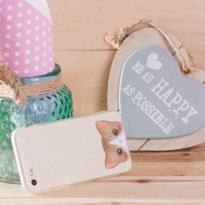 Telemóvel com capa de gato, garrafa verde e coração cinza decorativo com texto