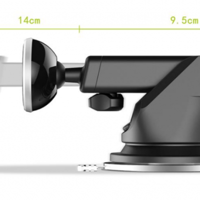Suporte de smartphone preto com ventosa e base circular sobre fundo branco