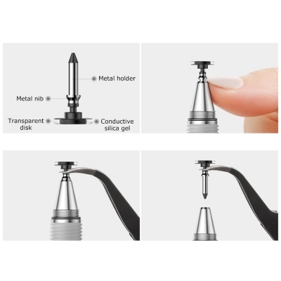 Componentes metálicos prateados com disco transparente e gel condutivo, com fundo branco.