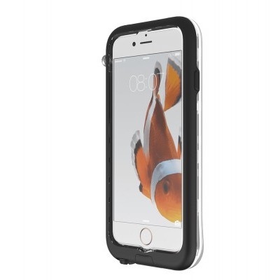 Smartphone branco com capa preta e imagem de peixe-palhaço no ecrã