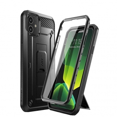 Capa protetora preta para telemóvel com suporte e proteção de ecrã