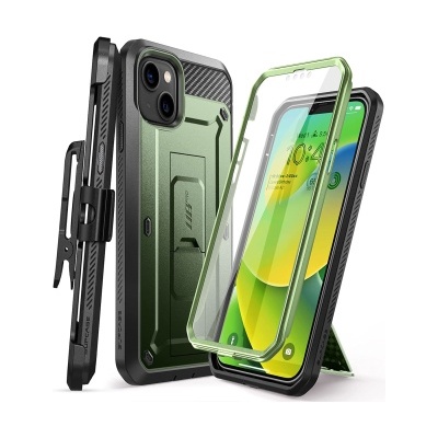 Capas protetoras para smartphone em verde e preto, incluindo uma com suporte e outra com clip de cinto