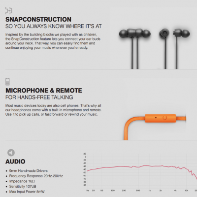 Imagem com descrição de earphones, tecnologia SnapConstruction, microfone, controle remoto e gráfico de áudio