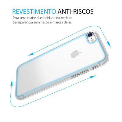 Capa transparente anti-riscos para smartphone com contornos azuis e texto em português