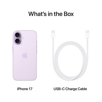 iPhone 17 lilás com duas câmaras e cabo de carregamento USB-C branco
