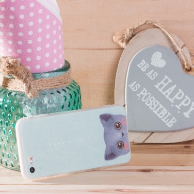 Garrafas decorativas, telemóvel com capa de gato e placa em madeira com texto inspirador