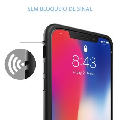 Smartphone com capa preta e texto SEM BLOQUEIO DE SINAL.