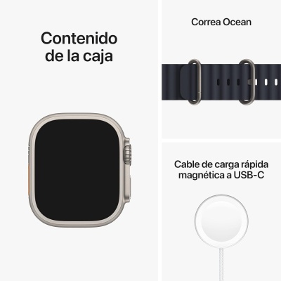 Conteúdo da caixa de smartwatch com correia azul e cabo de carga magnético USB-C