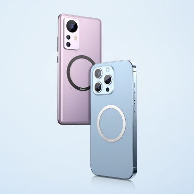 Telemóveis rosa e azul com anéis magnéticos circulares na parte traseira