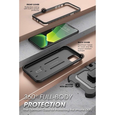 Capa protetora 360° preta para iPhone XR com partes frontal, traseira e coldre com clip