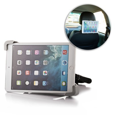 Suporte cinza e preto para tablet segurando um iPad