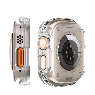 Smartwatch dourado com capa protetora transparente e botões laranja