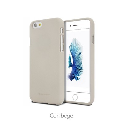 Capa bege para smartphone com telemóvel em fundo branco