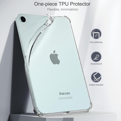 iPad mini azul claro com capa protetora transparente flexível em TPU e texto promocional.