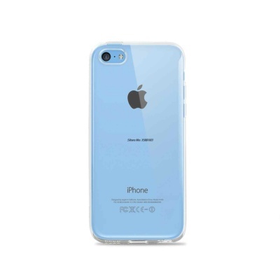 iPhone azul claro com capa transparente visto de trás
