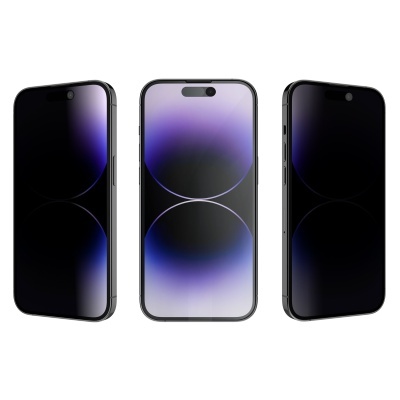 Três smartphones pretos com ecrãs brilhantes e padrões circulares em fundo branco