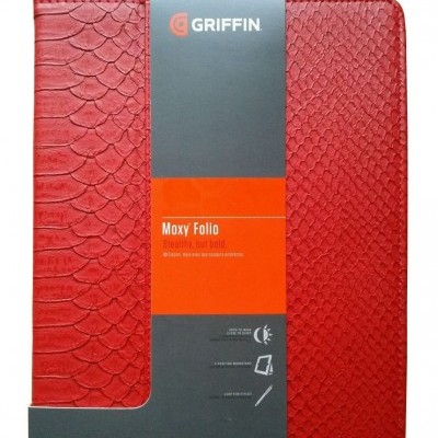 Estojo vermelho para iPad com textura de escamas e embalagem cinza e laranja